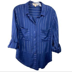 Cloth & Stone Anthropologie Silver Metallic Pinstriped Button-Down Shirt Medium